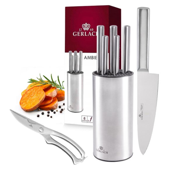 GERLACH AMBIENTE STAL | Komplet 5 noży w bloku stalowym | stal nierdzewna X30Cr13 + nożyce stalowe do drobiu