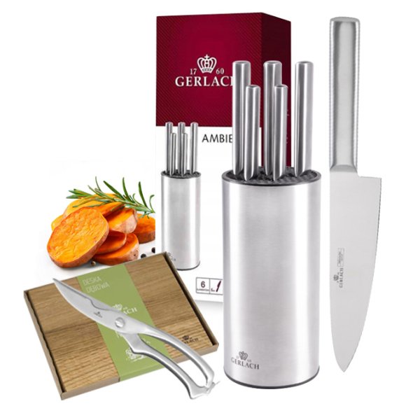 GERLACH AMBIENTE STAL | Komplet 5 noży w bloku stalowym | stal nierdzewna X30Cr13 + nożyce stalowe do drobiu + deska drewniana 30 x 24 cm
