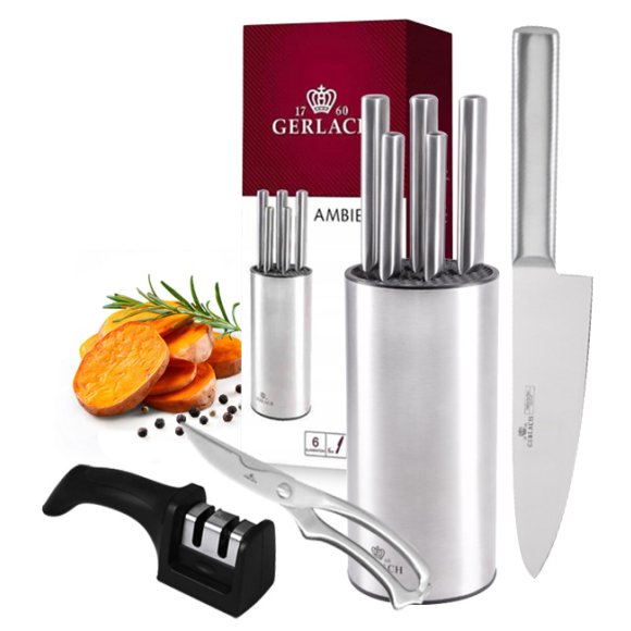 GERLACH AMBIENTE STAL | Komplet 5 noży w bloku stalowym | stal nierdzewna X30Cr13+ ostrzałka 2w1 + nożyce stalowe do drobiu