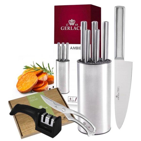 GERLACH AMBIENTE STAL | Komplet 5 noży w bloku stalowym | stal nierdzewna X30Cr13+ ostrzałka 2w1 + nożyce stalowe do drobiu+ deska drewniana
