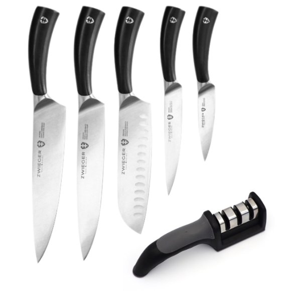 ZWIEGER OBSIDIAN Komplet 5 noży kuchennych + ostrzałka 3w1 uniwersalna EH / niemiecka stal nierdzewna