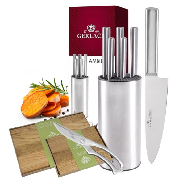 GERLACH AMBIENTE STAL | Komplet 5 noży w bloku stalowym | stal nierdzewna X30Cr13 + komplet desek dębowych 30 + 40 cm  + ostrzałka 2w1 
