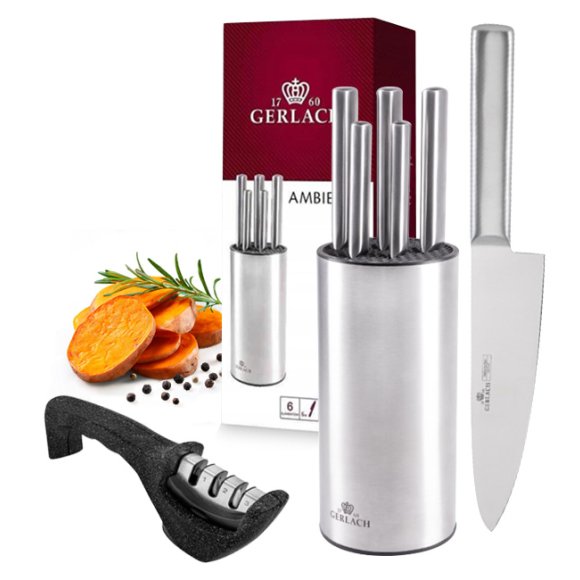 GERLACH AMBIENTE STAL | Komplet 5 noży w bloku stalowym | stal nierdzewna X30Cr13+ ostrzałka 3w1 Granitex