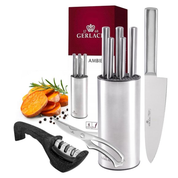 GERLACH AMBIENTE STAL | Komplet 5 noży w bloku stalowym | stal nierdzewna X30Cr13+ ostrzałka 3w1 Granitex + nożyce stalowe do drobiu