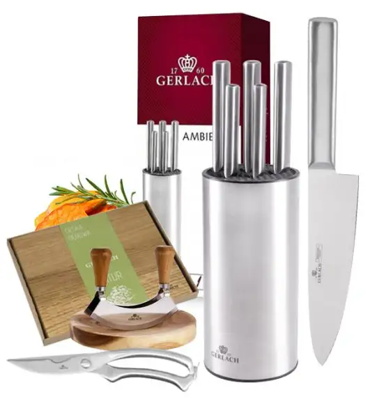 GERLACH AMBIENTE STAL | Komplet 5 noży w bloku stalowym | stal nierdzewna X30Cr13 + Tasak do ziół z deską + nożyce stalowe do drobiu + deska drewniana Natur 