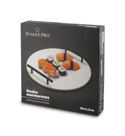 STARKE PRO Deska do serwowania przekąsek 30 cm / biała / marmurowa / z uchwytami