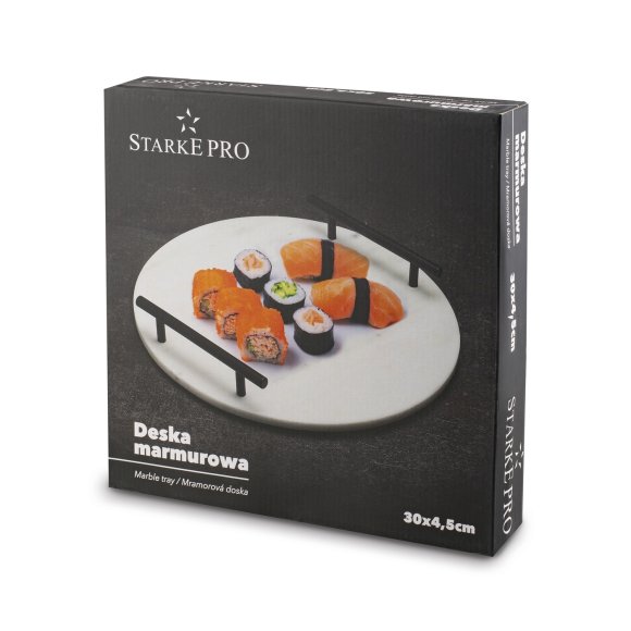 STARKE PRO Deska do serwowania przekąsek 30 cm / biała / marmurowa / z uchwytami