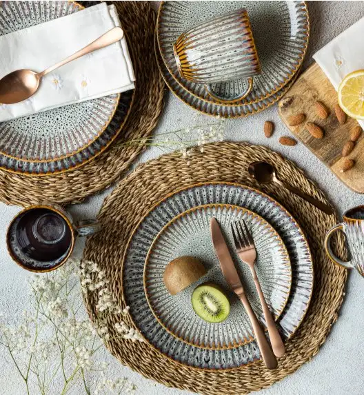 LUBIANA STONEWARE CERAMIKA / METEOR DESERT / Serwis obiadowy 54 elementy dla 18 osób / odcień piaskowo-niebieski