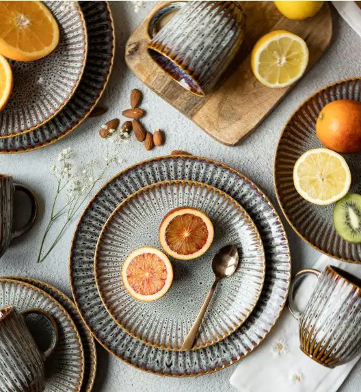 LUBIANA STONEWARE CERAMIKA / METEOR DESERT / Serwis obiadowy 54 elementy dla 18 osób / odcień piaskowo-niebieski