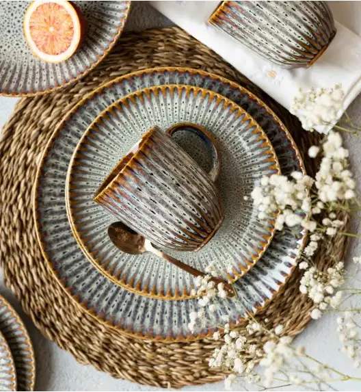 LUBIANA STONEWARE CERAMIKA / METEOR DESERT / Serwis obiadowy 48 elementów dla 12 osób / odcień piaskowo-niebieski
