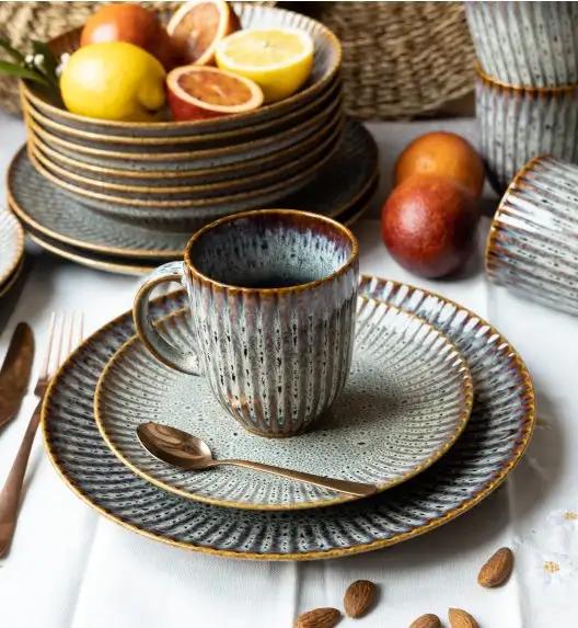 LUBIANA STONEWARE CERAMIKA / METEOR DESERT / Serwis obiadowy 48 elementów dla 12 osób / odcień piaskowo-niebieski