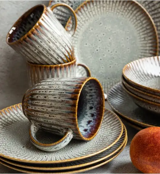 LUBIANA STONEWARE CERAMIKA / METEOR DESERT / Serwis obiadowy 48 elementów dla 12 osób / odcień piaskowo-niebieski