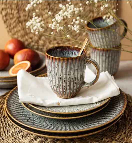 LUBIANA STONEWARE CERAMIKA / METEOR DESERT / Serwis obiadowy 48 elementów dla 12 osób / odcień piaskowo-niebieski