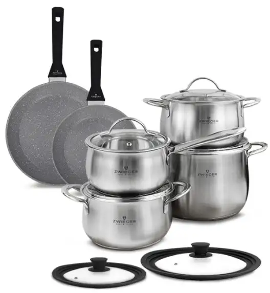 ZWIEGER PRACTI PLUS Komplet Garnki z pokrywkami 8 el + Patelnie 20 28 cm + pokrywki silikonowe 3w1 TADAR