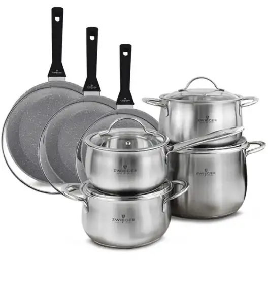 ZWIEGER PRACTI PLUS Komplet Garnki z pokrywkami 8 el + Patelnie 20 24 28 cm + pokrywki TADAR