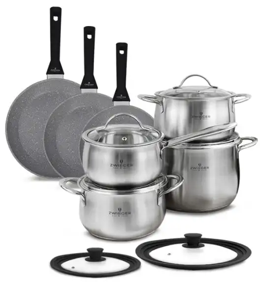 ZWIEGER PRACTI PLUS Komplet Garnki z pokrywkami 8 el + Patelnie 20 24 28 cm + pokrywki silikonowe 3w1TADAR