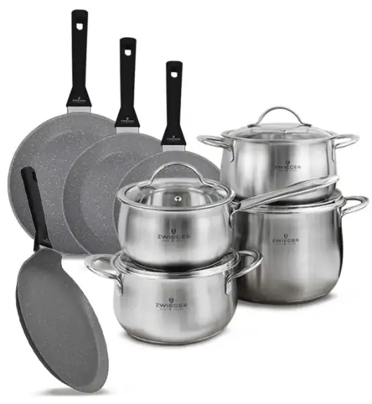 ZWIEGER PRACTI PLUS Komplet Garnki z pokrywkami 8 el + Patelnie 20 24 28 cm + patelnia naleśnikowa 26 cm