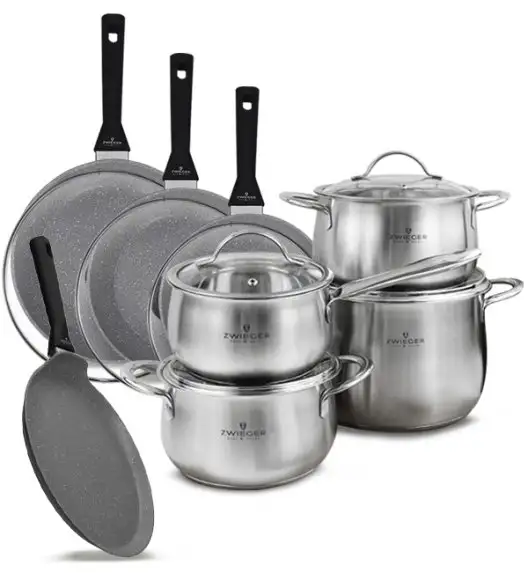 ZWIEGER PRACTI PLUS Komplet Garnki z pokrywkami 8 el + Patelnie 20 24 28 cm + patelnia naleśnikowa 26 cm + pokrywki TADAR