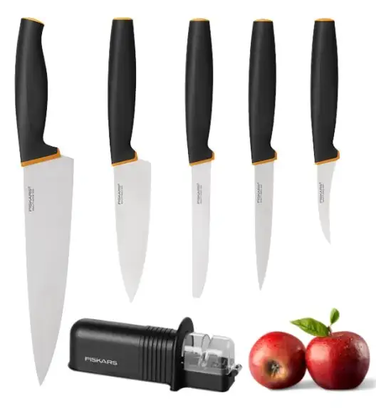 FISKARS CONTROL+ Komplet 5 noży + ostrzałka ceramiczna Roll-Sharp™ / japońska stal nierdzewna