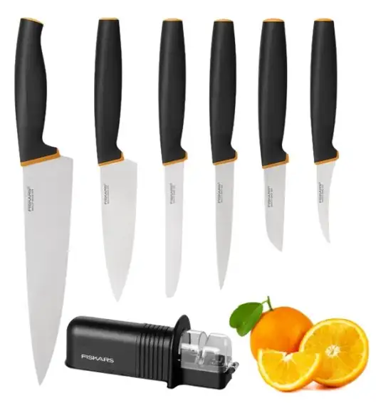 FISKARS CONTROL+ Komplet 6 noży + ostrzałka ceramiczna Roll-Sharp™ / japońska stal nierdzewna