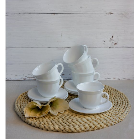 LUMINARC TRIANON Komplet 6 filiżanek 220 ml ze spodkami 14 cm| biały | szkło hartowane 