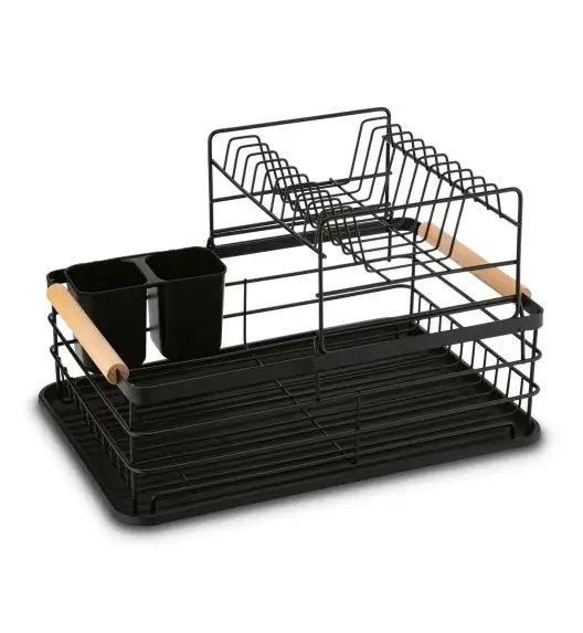 TADAR SUSZARKA DO NACZYŃ 2-POZIOMOWA Z PLAST. OCIEK. I TACA CZARNA 43X32X27CM + DREWNIANE UCHWYTY