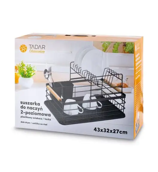 TADAR SUSZARKA DO NACZYŃ 2-POZIOMOWA Z PLAST. OCIEK. I TACA CZARNA 43X32X27CM + DREWNIANE UCHWYTY