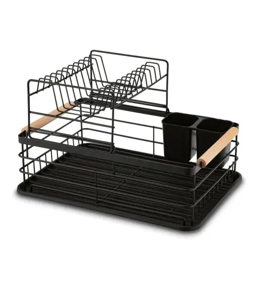 TADAR SUSZARKA DO NACZYŃ 2-POZIOMOWA Z PLAST. OCIEK. I TACA CZARNA 43X32X27CM + DREWNIANE UCHWYTY