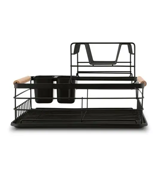 TADAR SUSZARKA DO NACZYŃ 2-POZIOMOWA Z PLAST. OCIEK. I TACA CZARNA 43X32X27CM + DREWNIANE UCHWYTY