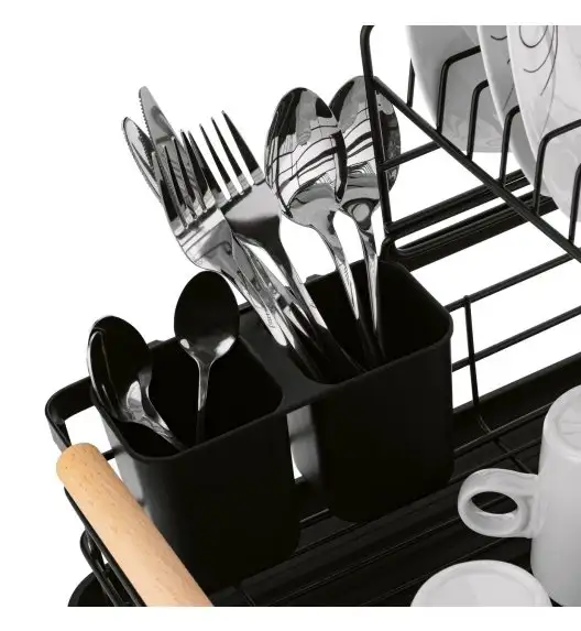 TADAR SUSZARKA DO NACZYŃ 2-POZIOMOWA Z PLAST. OCIEK. I TACA CZARNA 43X32X27CM + DREWNIANE UCHWYTY