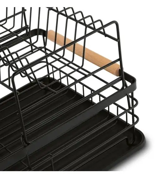 TADAR SUSZARKA DO NACZYŃ 2-POZIOMOWA Z PLAST. OCIEK. I TACA CZARNA 43X32X27CM + DREWNIANE UCHWYTY