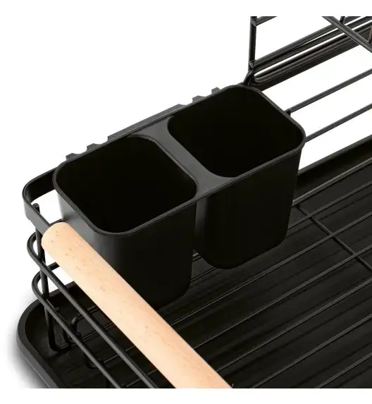 TADAR SUSZARKA DO NACZYŃ 2-POZIOMOWA Z PLAST. OCIEK. I TACA CZARNA 43X32X27CM + DREWNIANE UCHWYTY