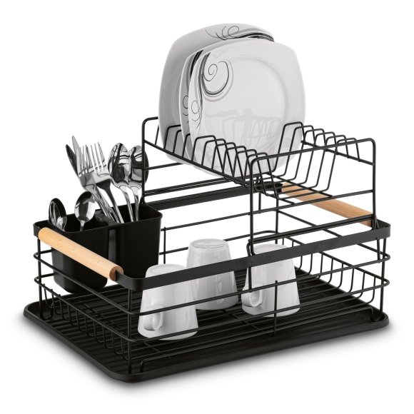 TADAR SUSZARKA DO NACZYŃ 2-POZIOMOWA Z PLAST. OCIEK. I TACA CZARNA 43X32X27CM + DREWNIANE UCHWYTY