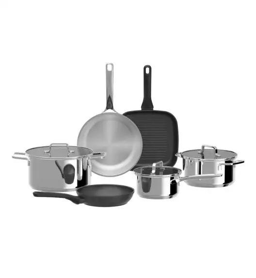 BERGHOFF HELIX Zestaw garnków 9-el.: Rondel z pokrywką 16 cm, Garnki z pokrywką 20, 24 cm, Patelnia 20, Patelnia 24, Patelnia grillowa 24 cm