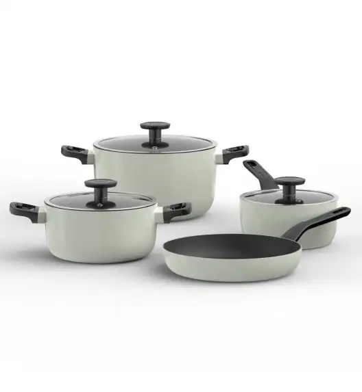 BERGHOFF GLINTS SAGE Zestaw garnków 7-el. non-stick: Rondel z pokrywką 18 cm, Garnki z pokrywką 20, 24 cm, Patelnia 24 cm