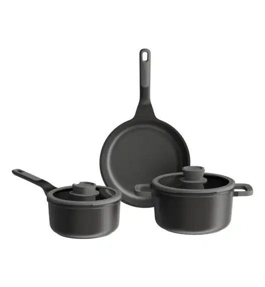 BERGHOFF STONE+ Zestaw garnków 5-el. non-stick: Rondel z pokrywką 18 cm, Garnek z pokrywką 20 cm, Patelnia 24 cm