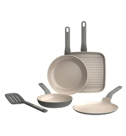 BERGHOFF BALANCE ECO GREY Zestaw patelni 4-el. + łopatka (patelnia 20 + 24 cm, grillowa 26 cm, naleśnikowa 24 cm, łopatka)