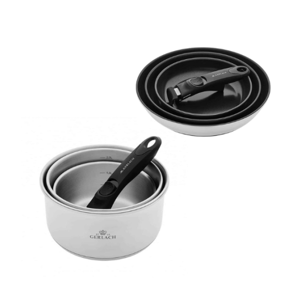 GERLACH SMART STEEL 996 Komplet 3 garnków 16/18/20 cm z odpinaną rączką + patelnie Smart  Steel 20, 24, 28 cm 