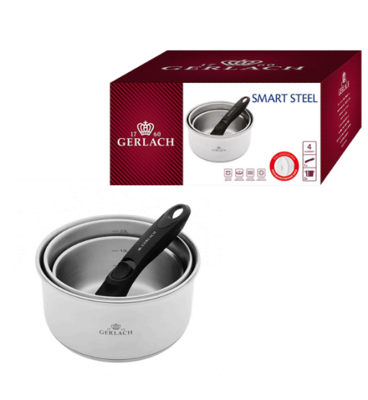 GERLACH SMART STEEL 996 Komplet 3 garnków 16/18/20 cm z odpinaną rączką + patelnie Smart  Steel 20, 24, 28 cm + Pokrywka silikonowa 24/26/28 