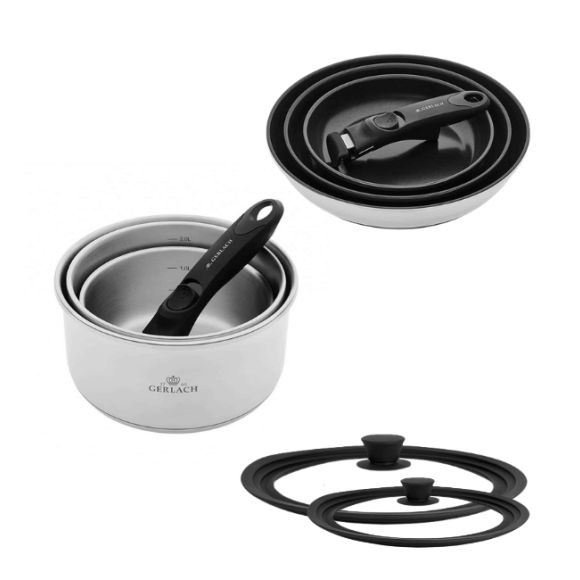 GERLACH SMART STEEL 996 Komplet 3 garnków 16/18/20 cm z odpinaną rączką + patelnie Smart  Steel 20, 24, 28 cm + Pokrywki silikonowe M+D