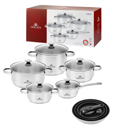 GERLACH FIRST Komplet Garnki z pokrywkami 10 el + Gerlach Smart Steel Patelnia 20 24 28 cm