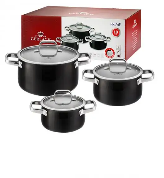 GERLACH PRIME Komplet Garnki z pokrywkami 6 el / stal nierdzewna / czarne lakierowane + Patelnie Smart Steel 20, 24, 28 cm