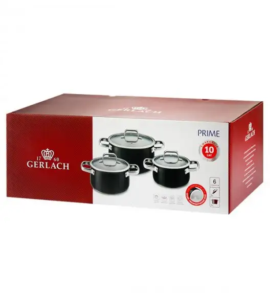 GERLACH PRIME Komplet Garnki z pokrywkami 6 el / stal nierdzewna / czarne lakierowane + Patelnie Smart Steel 20, 24, 28 cm