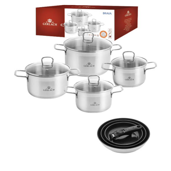 GERLACH BRAVA Komplet Garnki z pokrywkami 8 el / Stal nierdzewna / INDUKCJA + Patelnie Smart Steel 20, 24, 28 cm