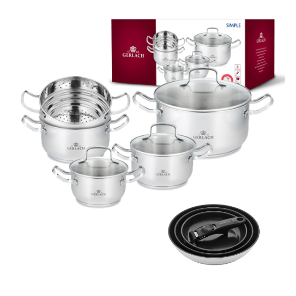 GERLACH SIMPLE Komplet Garnki z pokrywkami + wkład do gotowania na parze 9 el +Gerlach Smart Steel Patelnia 20 24 28 cm 