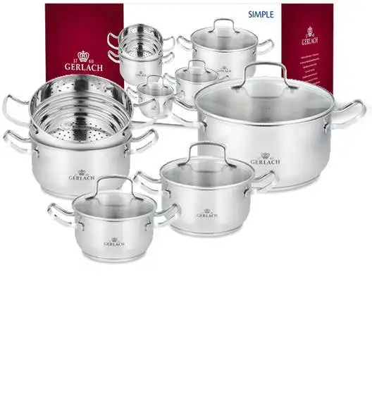GERLACH SIMPLE Komplet Garnki z pokrywkami + wkład do gotowania na parze 9 el +Gerlach Smart Steel Patelnia 20 24 28 cm 