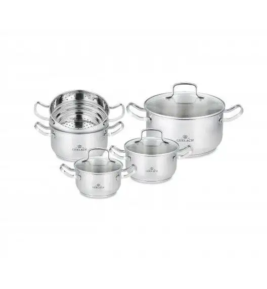 GERLACH SIMPLE Komplet Garnki z pokrywkami + wkład do gotowania na parze 9 el +Gerlach Smart Steel Patelnia 20 24 28 cm 