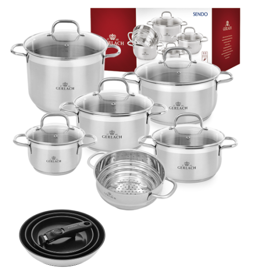GERLACH Sendo Komplet garnki z pokrywkami 11 el  + Patelnia Smart Steel 20, 24, 28 cm 