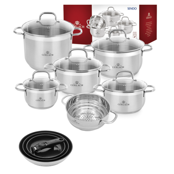GERLACH Sendo Komplet garnki z pokrywkami 11 el  + Patelnia Smart Steel 20, 24, 28 cm 