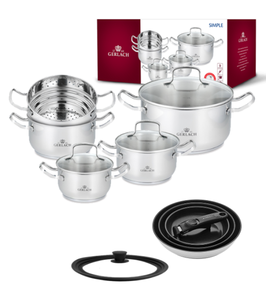 GERLACH SENDO Komplet garnki z pokrywkami 11 el + Patelnia Smart Steel 20, 24, 28 cm + Pokrywka 24/26/28 cm
